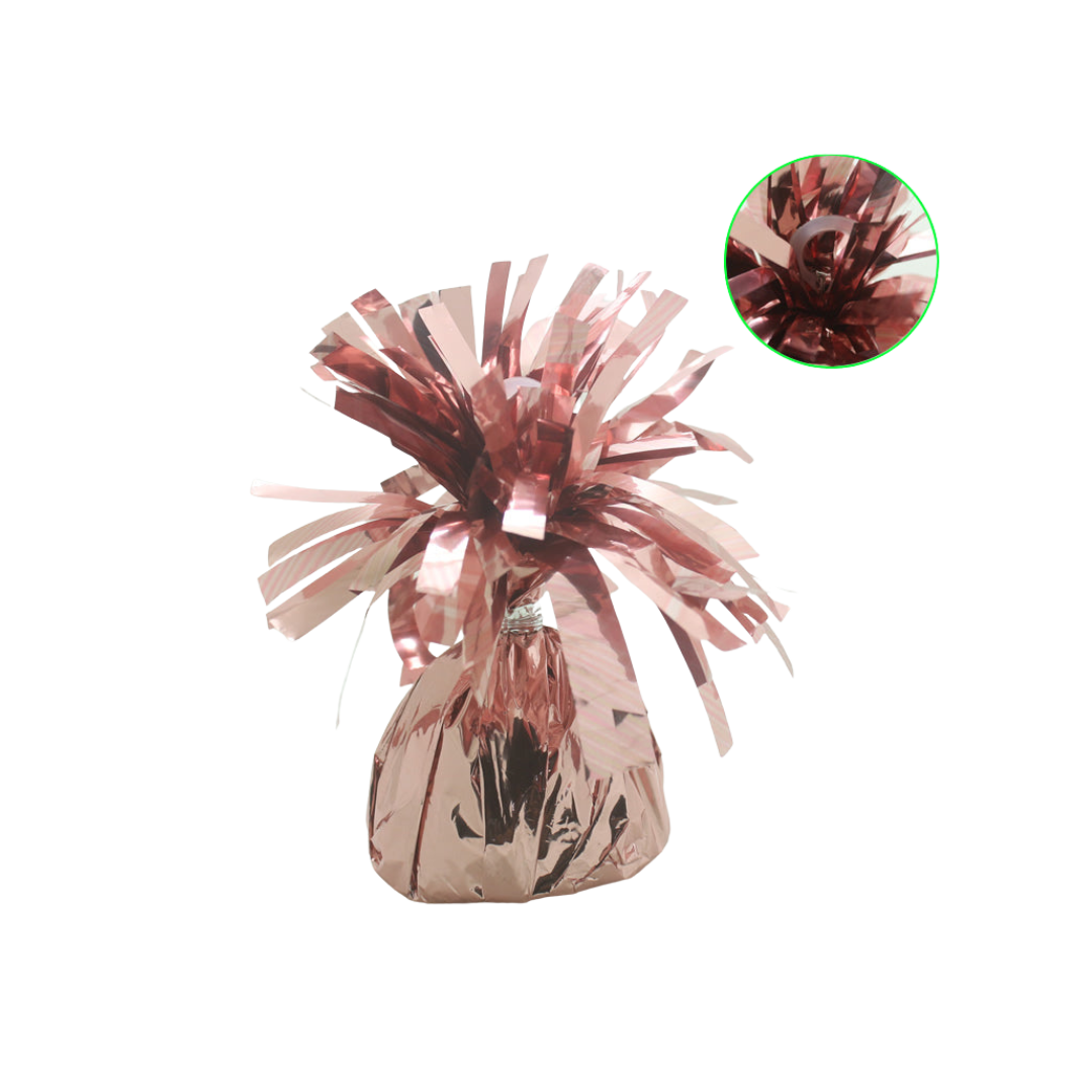 Rose gold foil balloon weight with shiny tassels for celebrations from Parte Haus party supply store in Bethesda MD