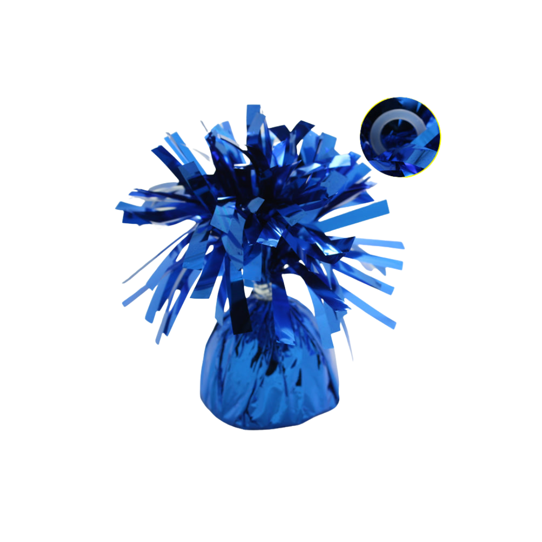Royal blue foil wrapped balloon weight with shiny tassels for birthday from Parte Haus party supply store in Bethesda MD