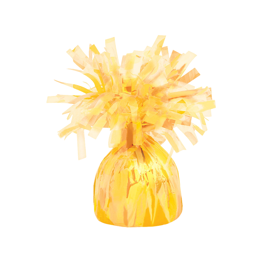 Yellow foil balloon weight with tassels for birthday celebration from Parte Haus party supply store in Bethesda MD.