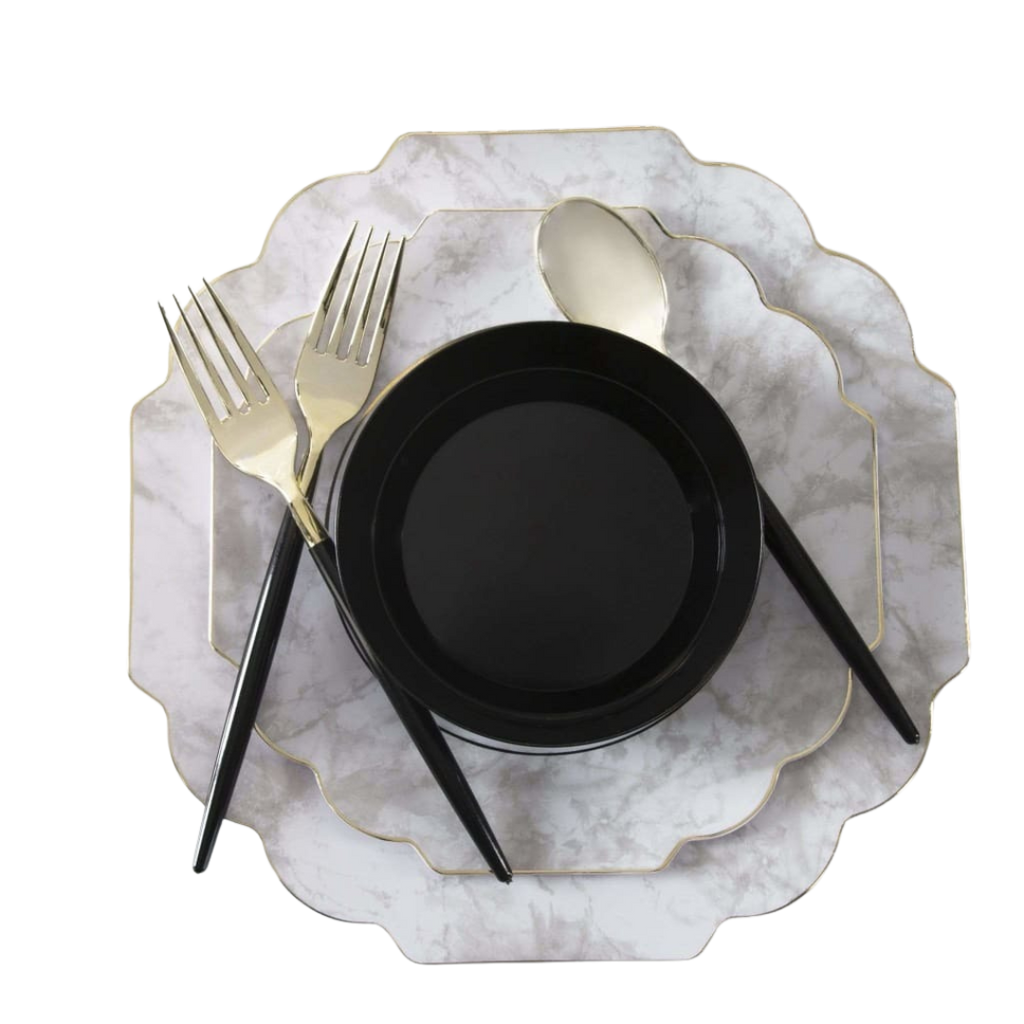 Marble and black dinnerware set with gold flatware modern table setting from Parte Haus party supply store in Bethesda MD