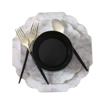 Marble and black dinnerware set with gold flatware modern table setting from Parte Haus party supply store in Bethesda MD