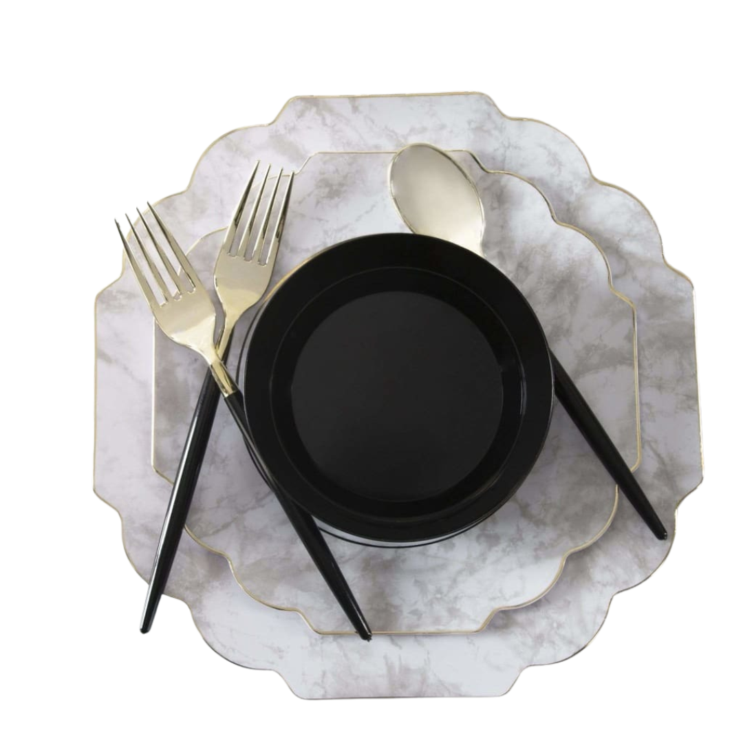 Marble and black dinnerware set with gold flatware modern table setting from Parte Haus party supply store in Bethesda MD