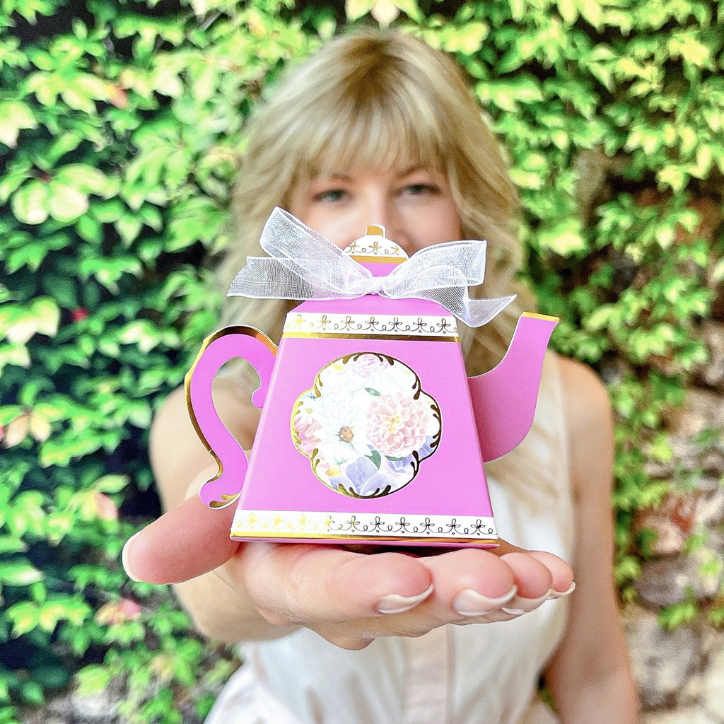 Pink teapot favor box with floral design and bow for tea party from Parte Haus party supply store in Bethesda MD