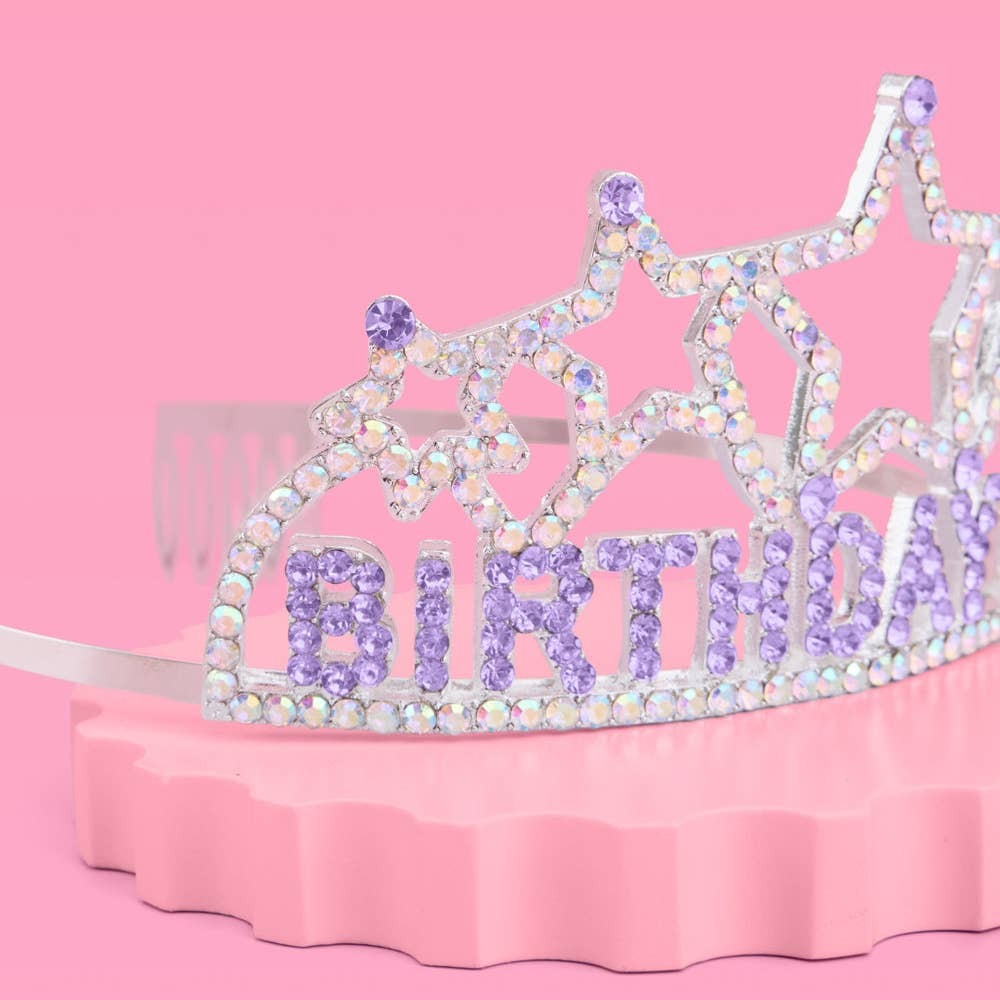 Purple rhinestone birthday tiara with stars for birthday celebration from Parte Haus party supply store in Bethesda Maryland