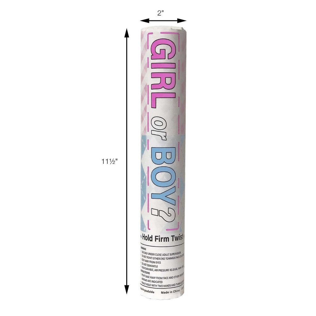 Pink blue gender reveal confetti cannon with text Girl or Boy from Parte Haus party supply store in Bethesda Maryland