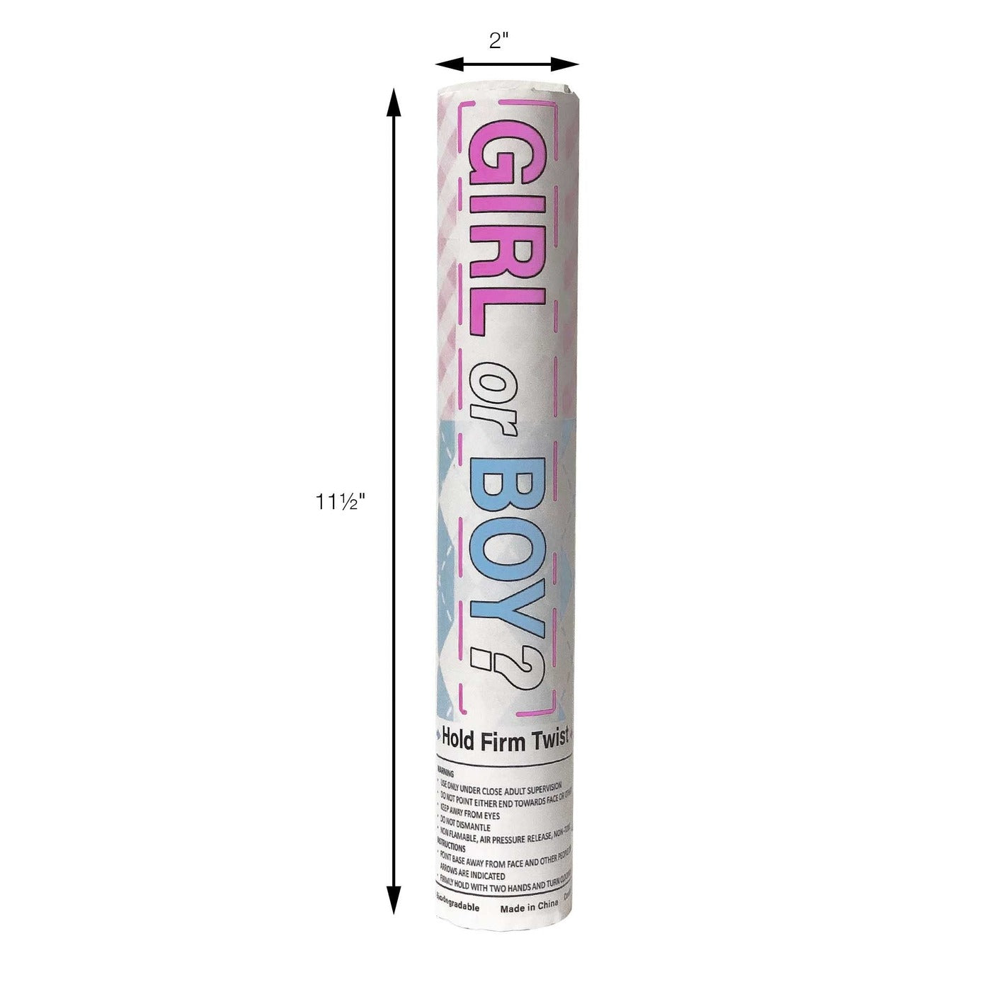 Pink blue gender reveal confetti cannon with text Girl or Boy from Parte Haus party supply store in Bethesda Maryland