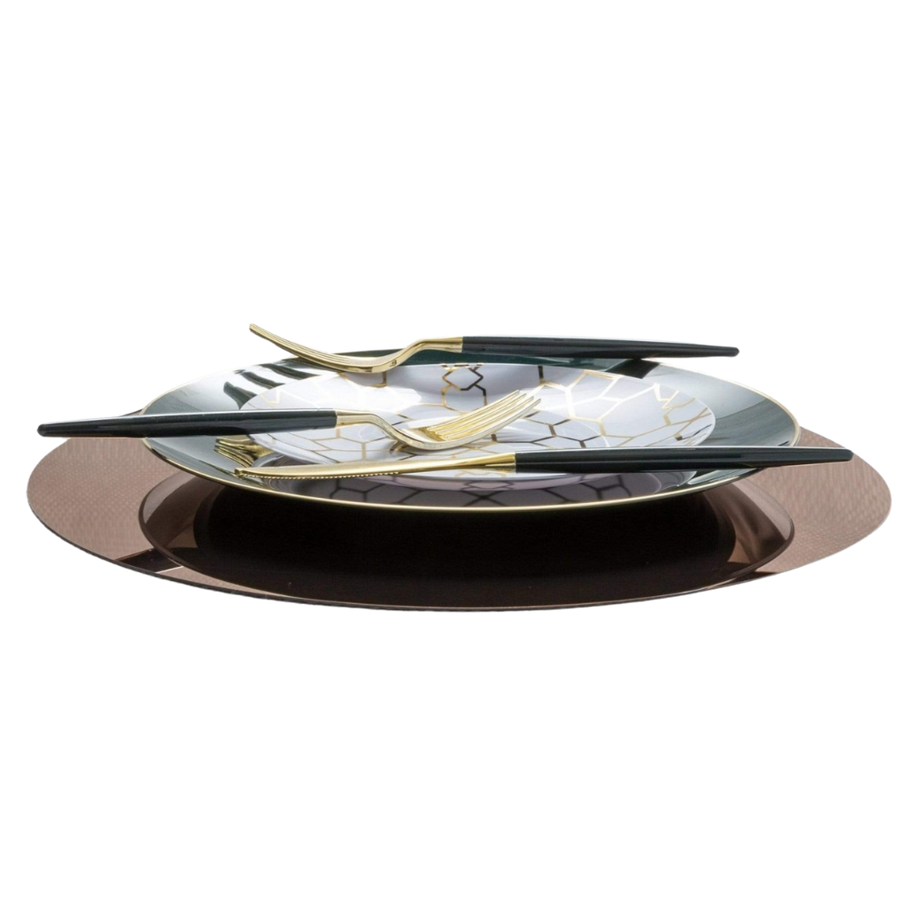 Black and gold geometric dinnerware with matching cutlery elegant dining collection from Parte Haus party supply store in Bethesda MD.
