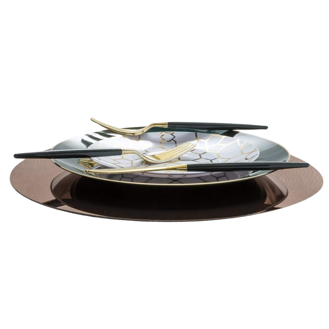 Black and gold geometric dinnerware with matching cutlery elegant dining collection from Parte Haus party supply store in Bethesda MD.