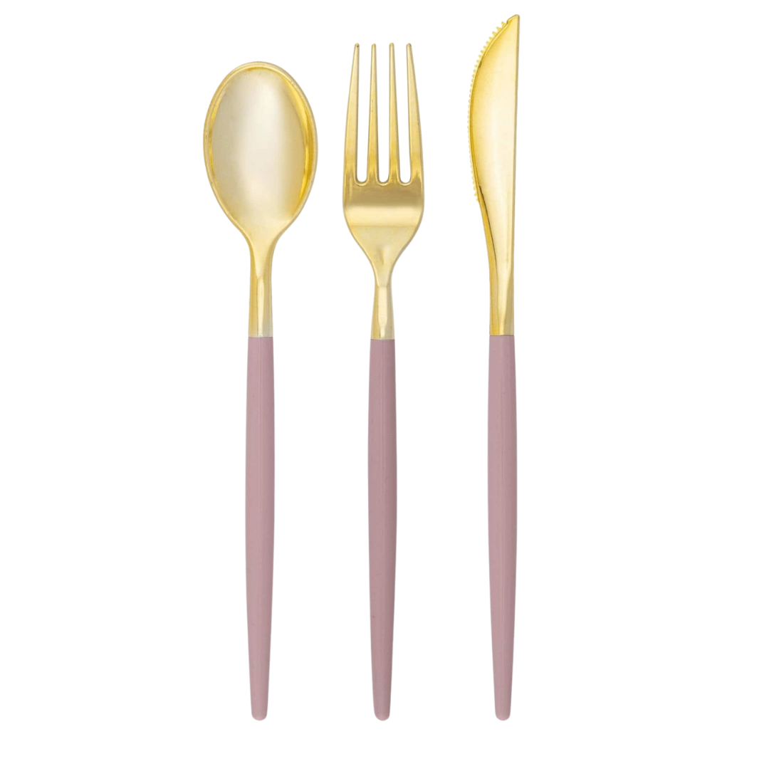 Blush and gold cutlery set modern utensil design for celebrations from Parte Haus party supply store in Bethesda MD
