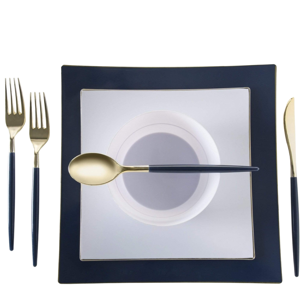 Navy and gold dinnerware set with plates and cutlery table setting for elegant events from Parte Haus party supply store in Bethesda MD