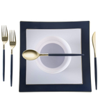 Navy and gold dinnerware set with plates and cutlery table setting for elegant events from Parte Haus party supply store in Bethesda MD