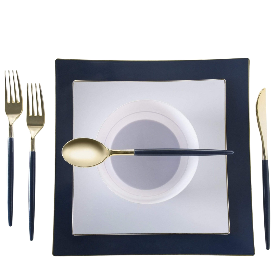 Navy and gold dinnerware set with plates and cutlery table setting for elegant events from Parte Haus party supply store in Bethesda MD