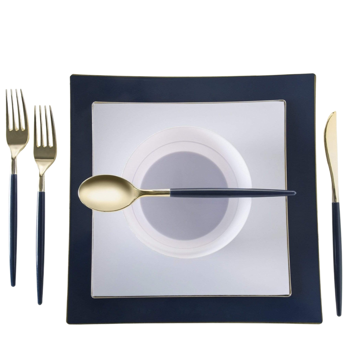 White Square Coupe Gold Rimmed Plastic Plates