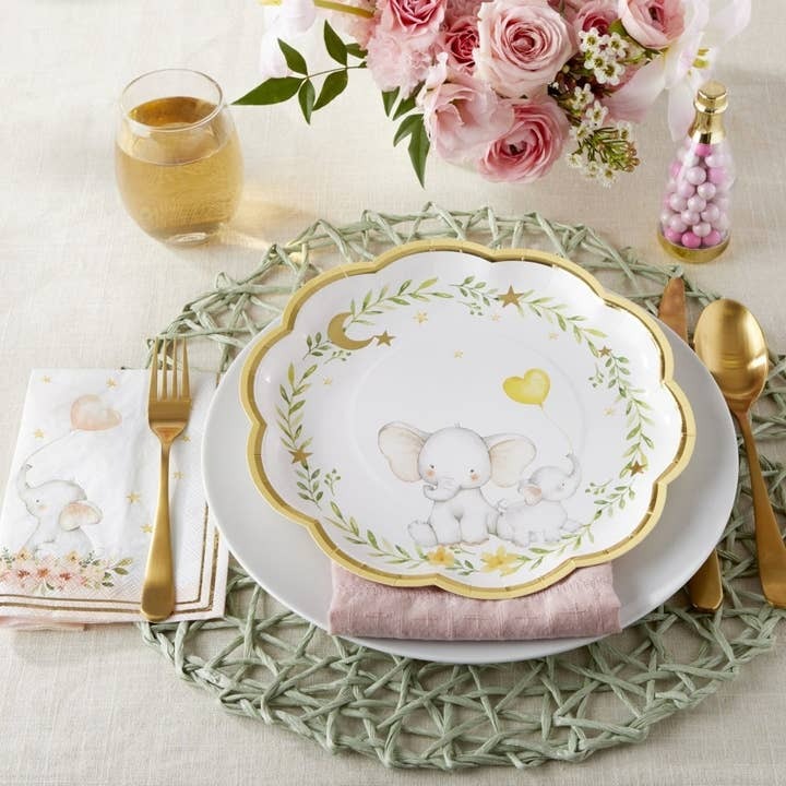 White and gold elephant plate with greenery and yellow balloon baby shower theme from Parte Haus party supply store in Bethesda MD