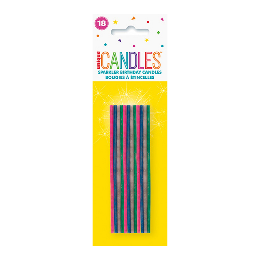 Multicolor sparkler birthday candles displayed in packaging from Parte Haus party supply store in Bethesda Maryland