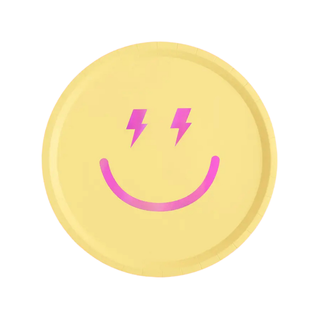 Yellow plate with pink lightning smiley face design birthday from Parte Haus party supply store in Bethesda Maryland