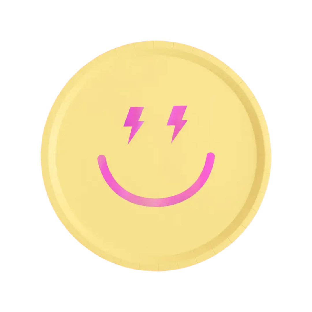 Yellow plate with pink lightning smiley face design birthday from Parte Haus party supply store in Bethesda Maryland
