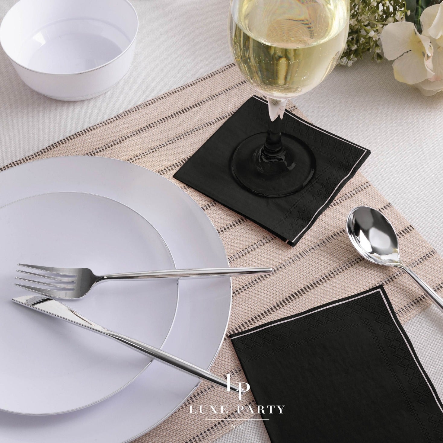Black paper napkins modern table setting for elegant event from Parte Haus party supply store in Bethesda Maryland