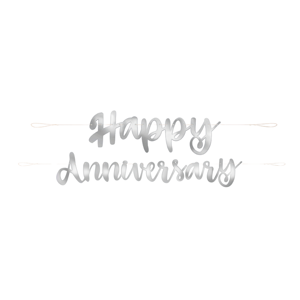 silver happy anniversary banner with cursive letters anniversary celebration from Parte Haus party supply store in Bethesda MD