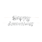 silver happy anniversary banner with cursive letters anniversary celebration from Parte Haus party supply store in Bethesda MD