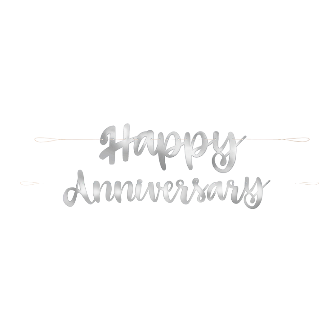 silver happy anniversary banner with cursive letters anniversary celebration from Parte Haus party supply store in Bethesda MD