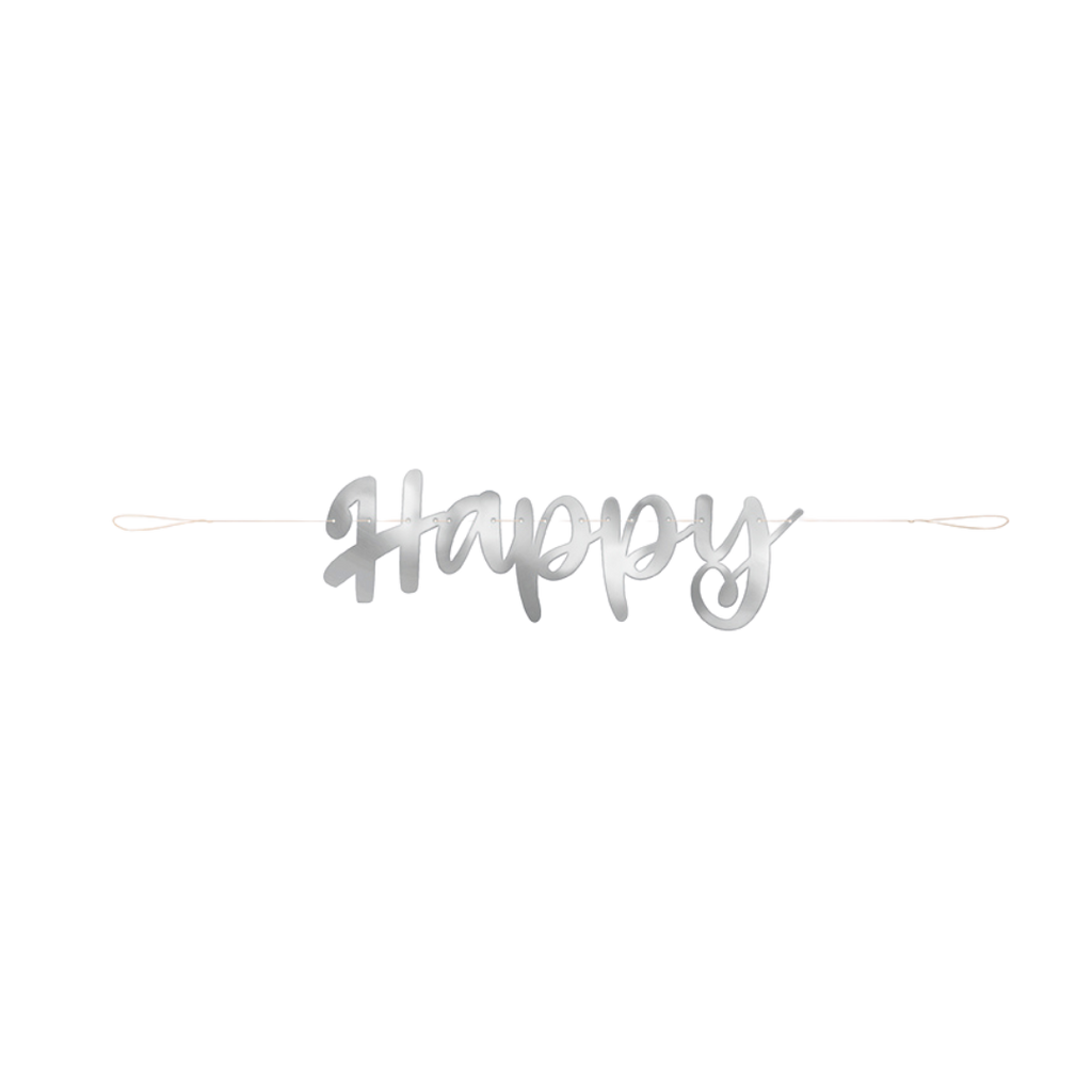 Silver happy banner with cursive text for birthday celebration from Parte Haus party supply store in Bethesda MD