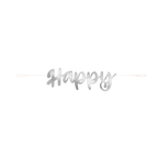 Silver happy banner with cursive text for birthday celebration from Parte Haus party supply store in Bethesda MD