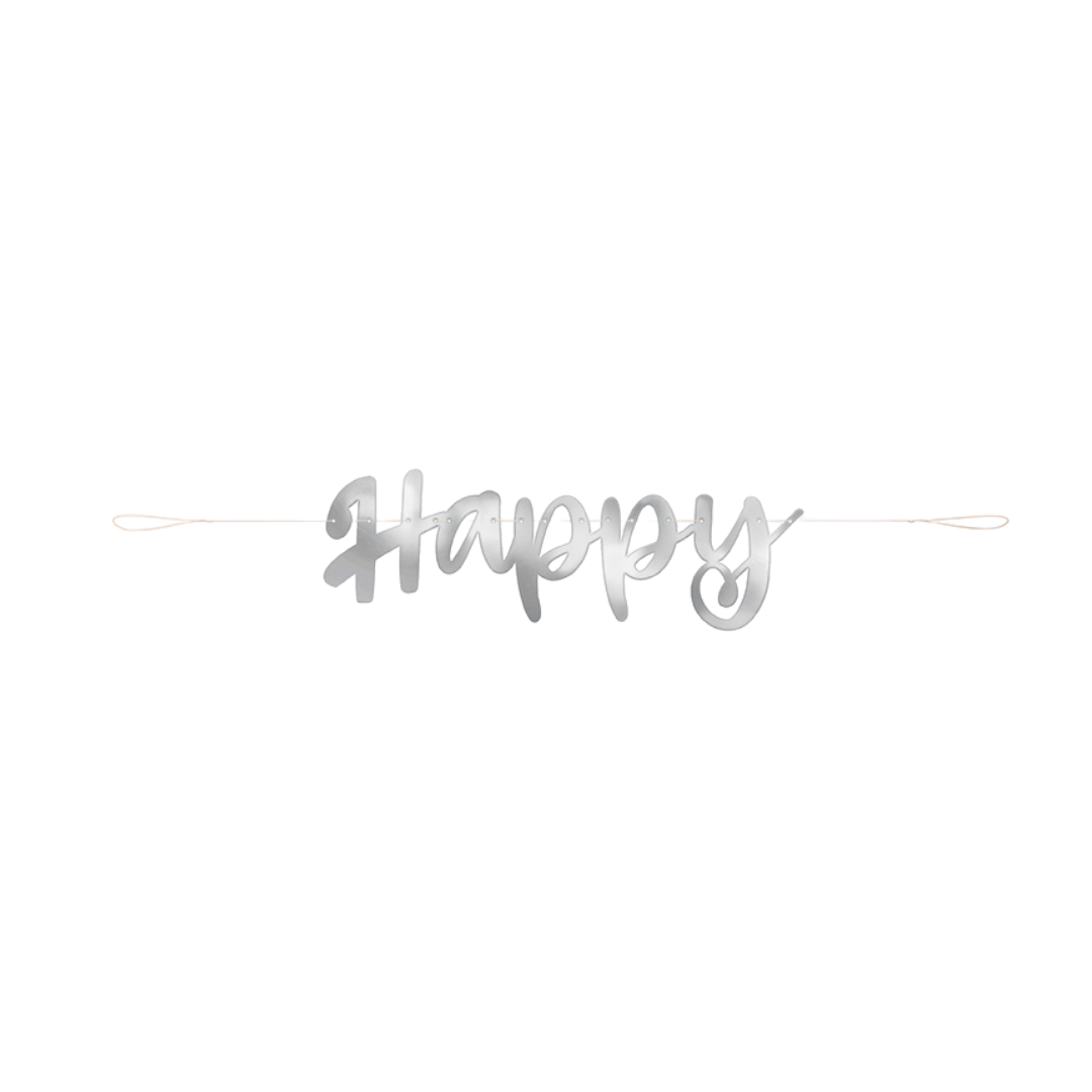 Silver happy banner with cursive text for birthday celebration from Parte Haus party supply store in Bethesda MD