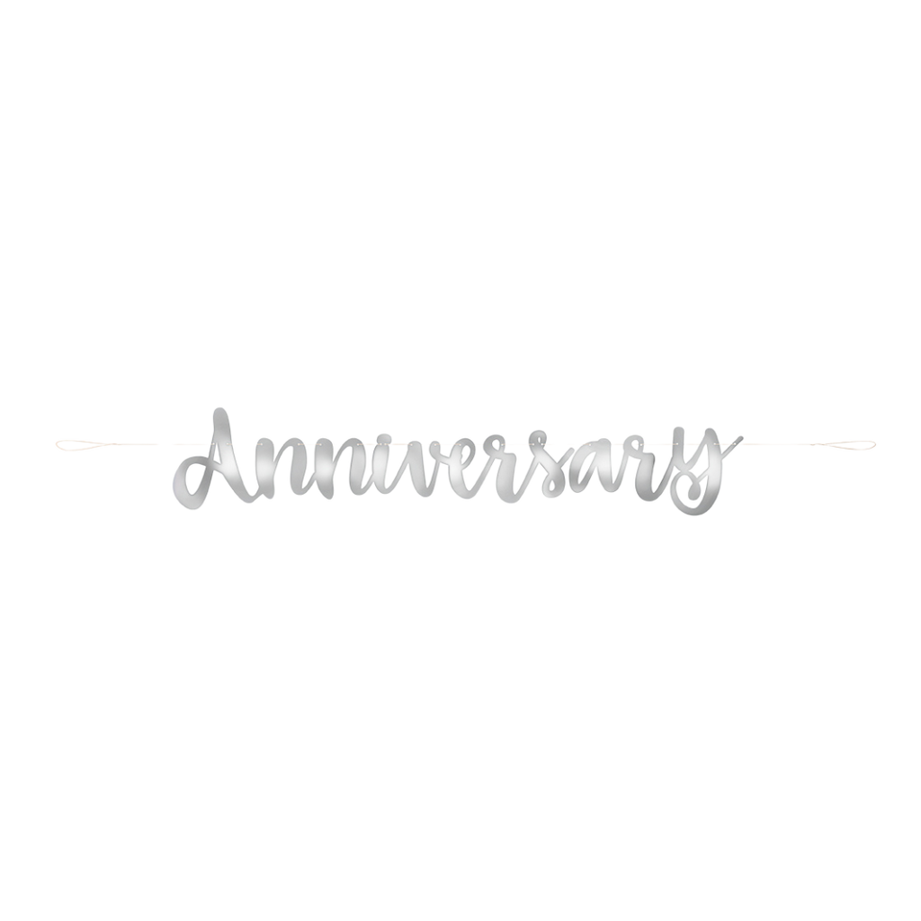 Silver anniversary banner shiny cutout decoration for anniversary from Parte Haus party supply store in Bethesda Maryland