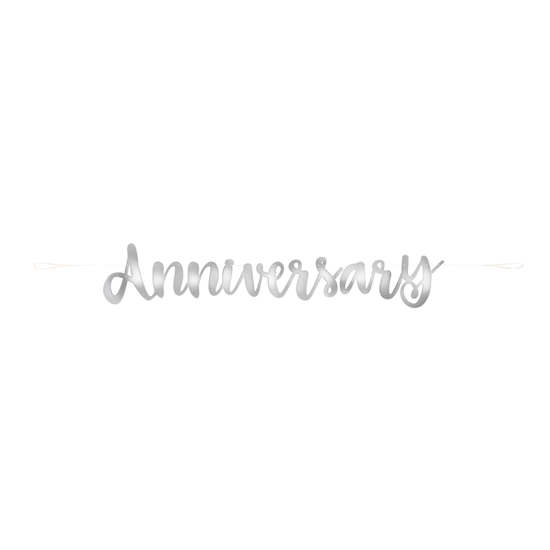 Silver anniversary banner shiny cutout decoration for anniversary from Parte Haus party supply store in Bethesda Maryland