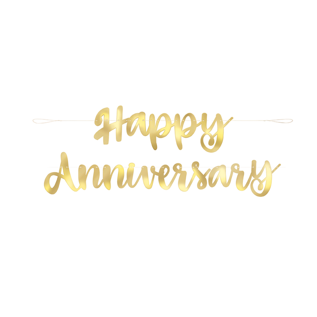 Gold Happy Anniversary banner with elegant script for celebration from Parte Haus party supply store in Bethesda MD