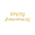 Gold Happy Anniversary banner with elegant script for celebration from Parte Haus party supply store in Bethesda MD