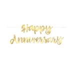 Gold Happy Anniversary banner with elegant script for celebration from Parte Haus party supply store in Bethesda MD