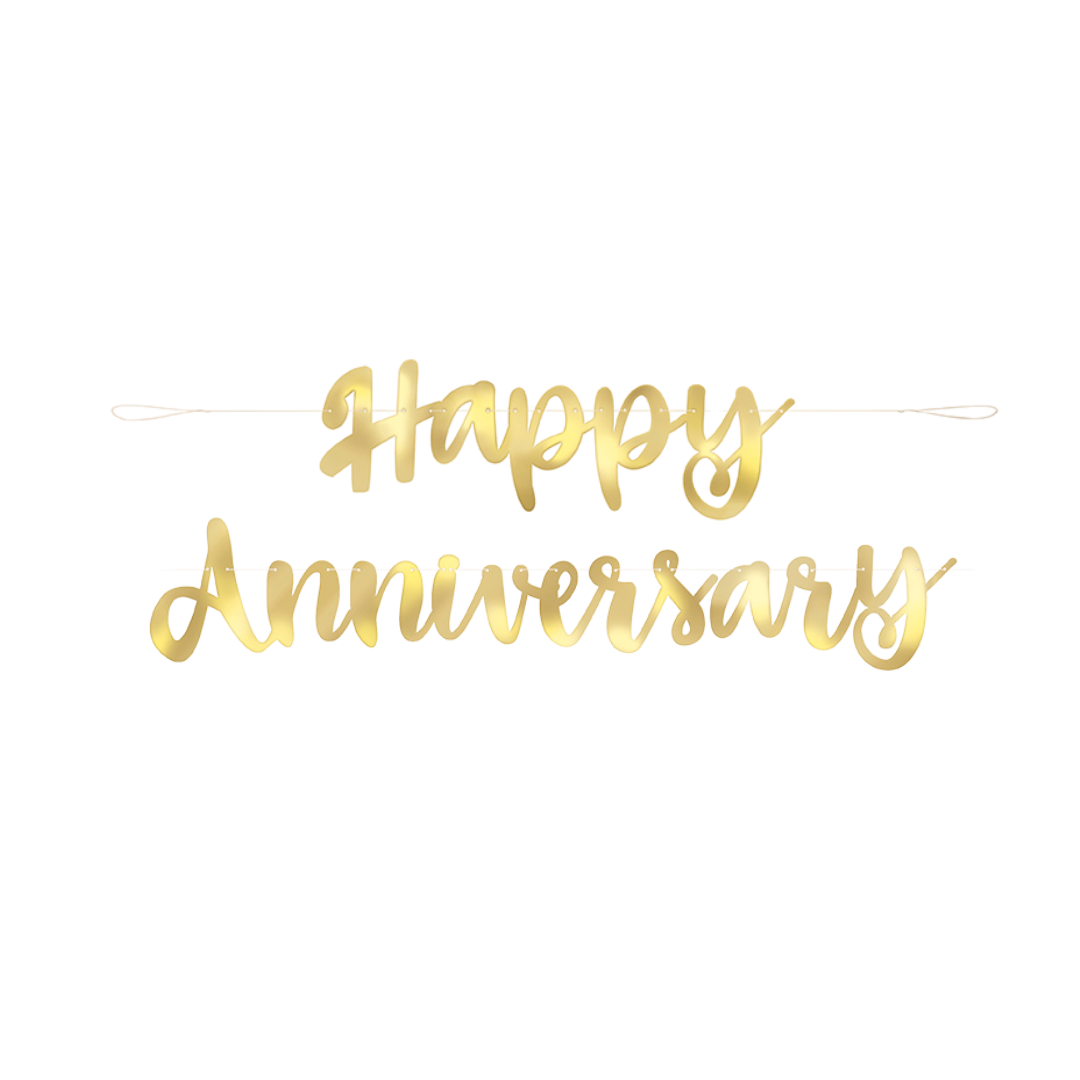 Gold Happy Anniversary banner with elegant script for celebration from Parte Haus party supply store in Bethesda MD