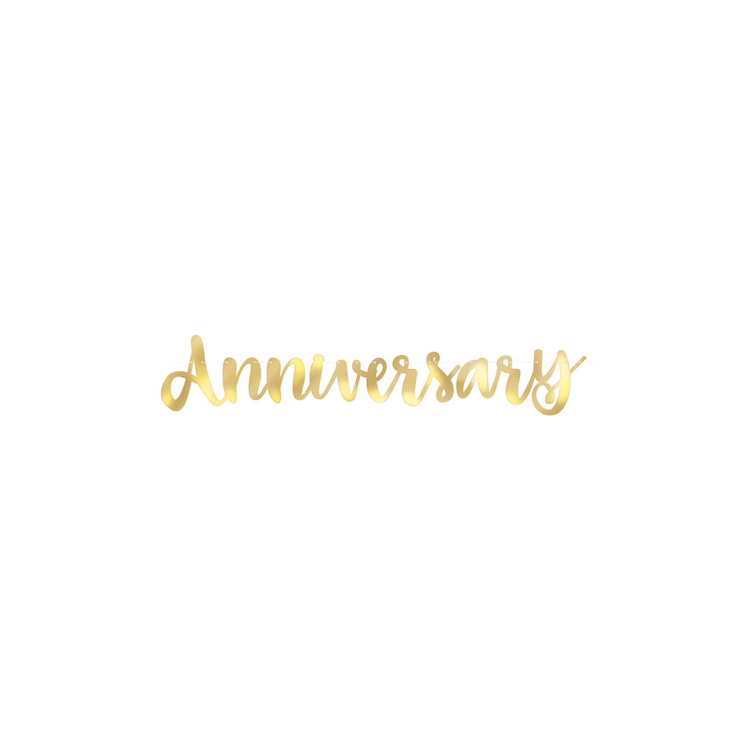 Gold anniversary banner with script letters for celebration from Parte Haus party supply store in Bethesda MD.