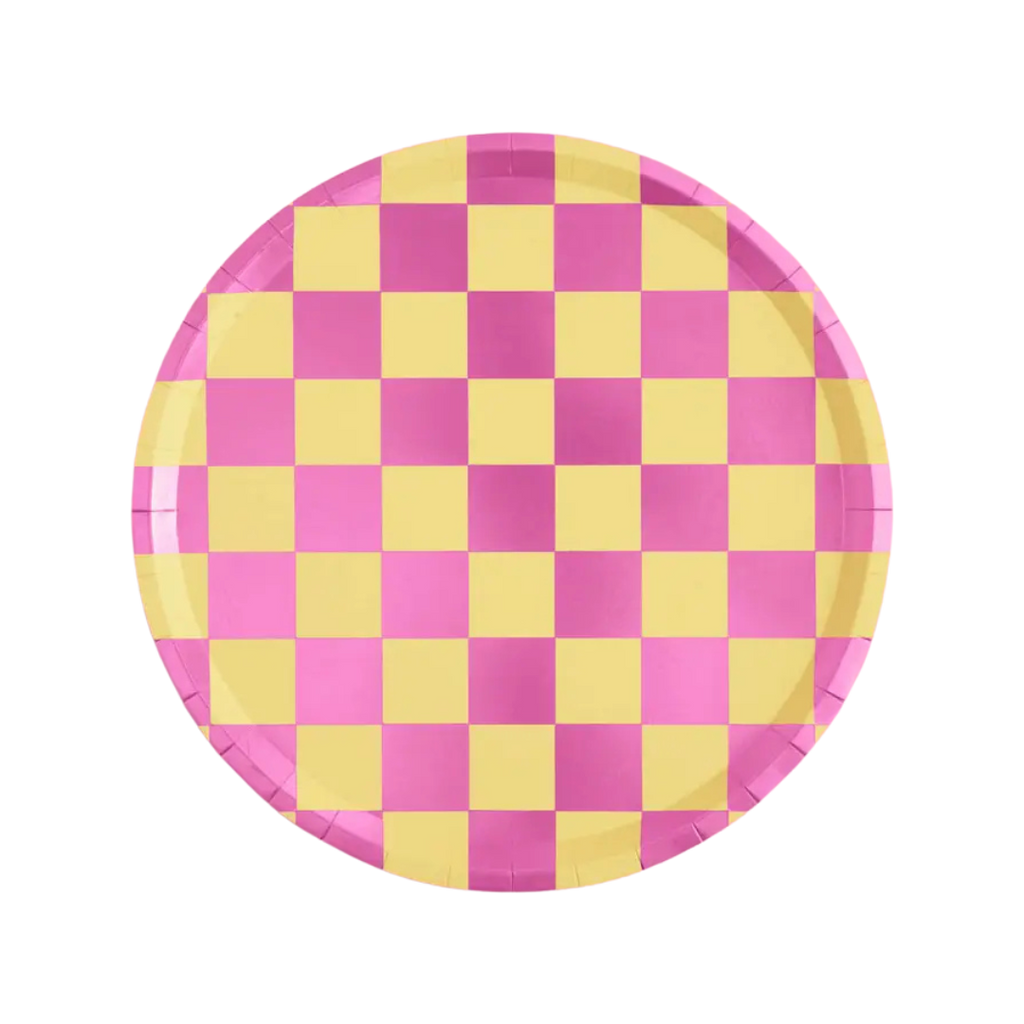 Pink yellow checkered paper plate with bold pattern for birthday from Parte Haus party supply store in Bethesda MD