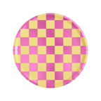Pink yellow checkered paper plate with bold pattern for birthday from Parte Haus party supply store in Bethesda MD