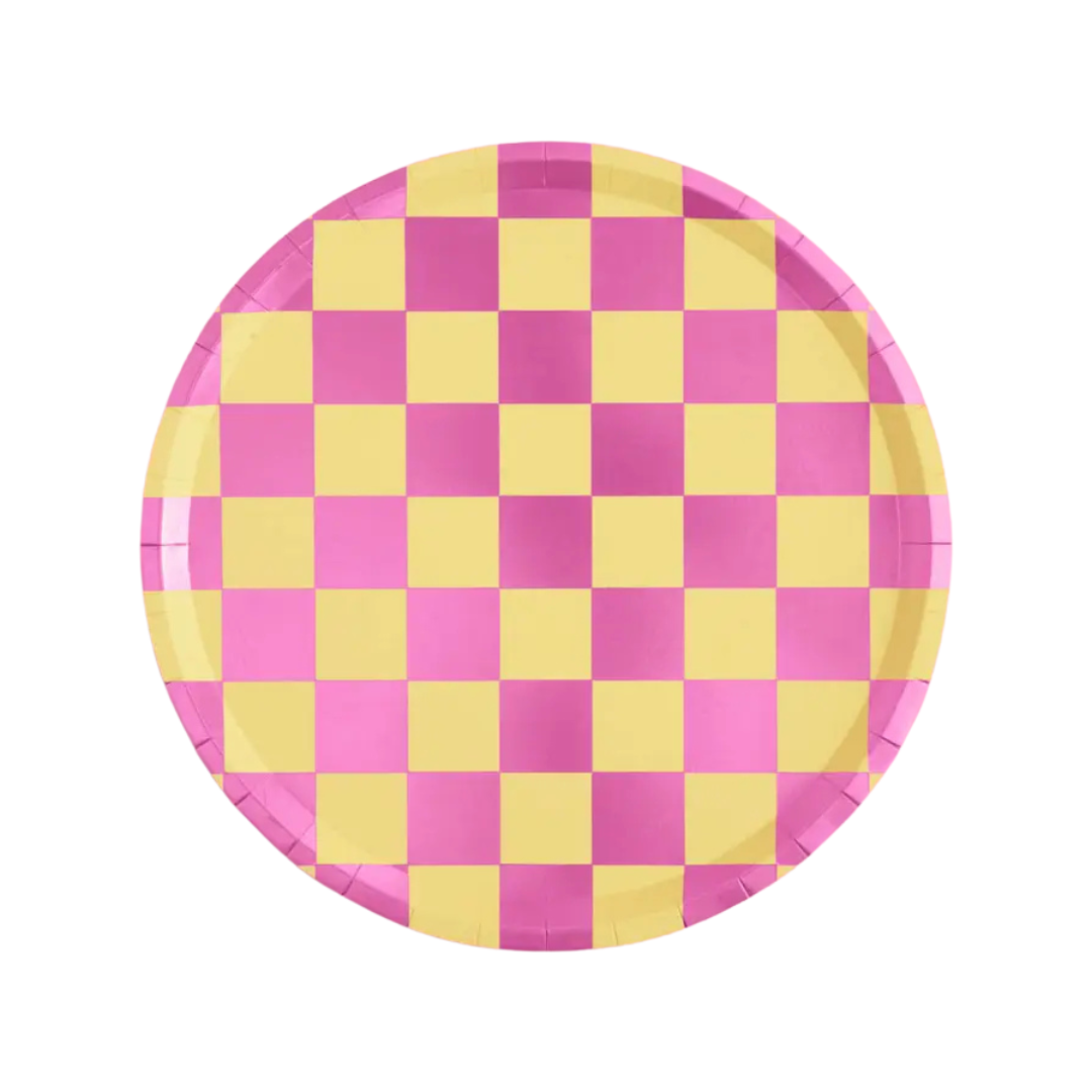 Pink yellow checkered paper plate with bold pattern for birthday from Parte Haus party supply store in Bethesda MD