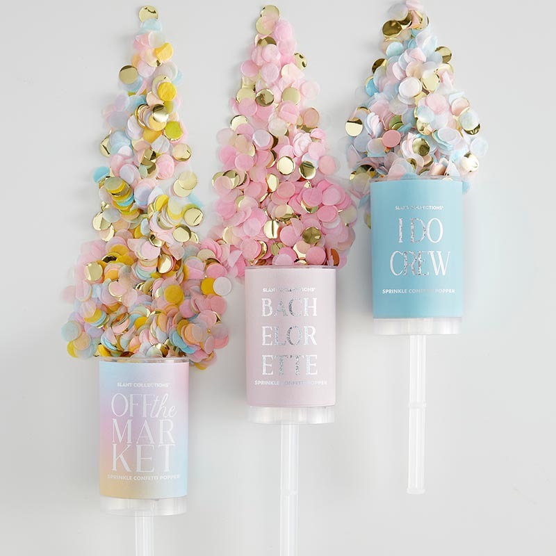 Pastel gold confetti poppers with colorful confetti bachelorette theme from Parte Haus party supply store in Bethesda MD