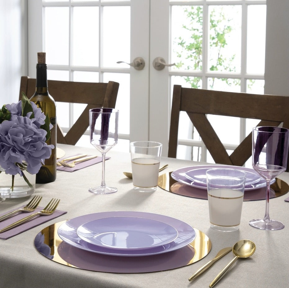 Lavender purple dinnerware and gold cutlery elegant tablescape spring event from Parte Haus party supply store in Bethesda MD