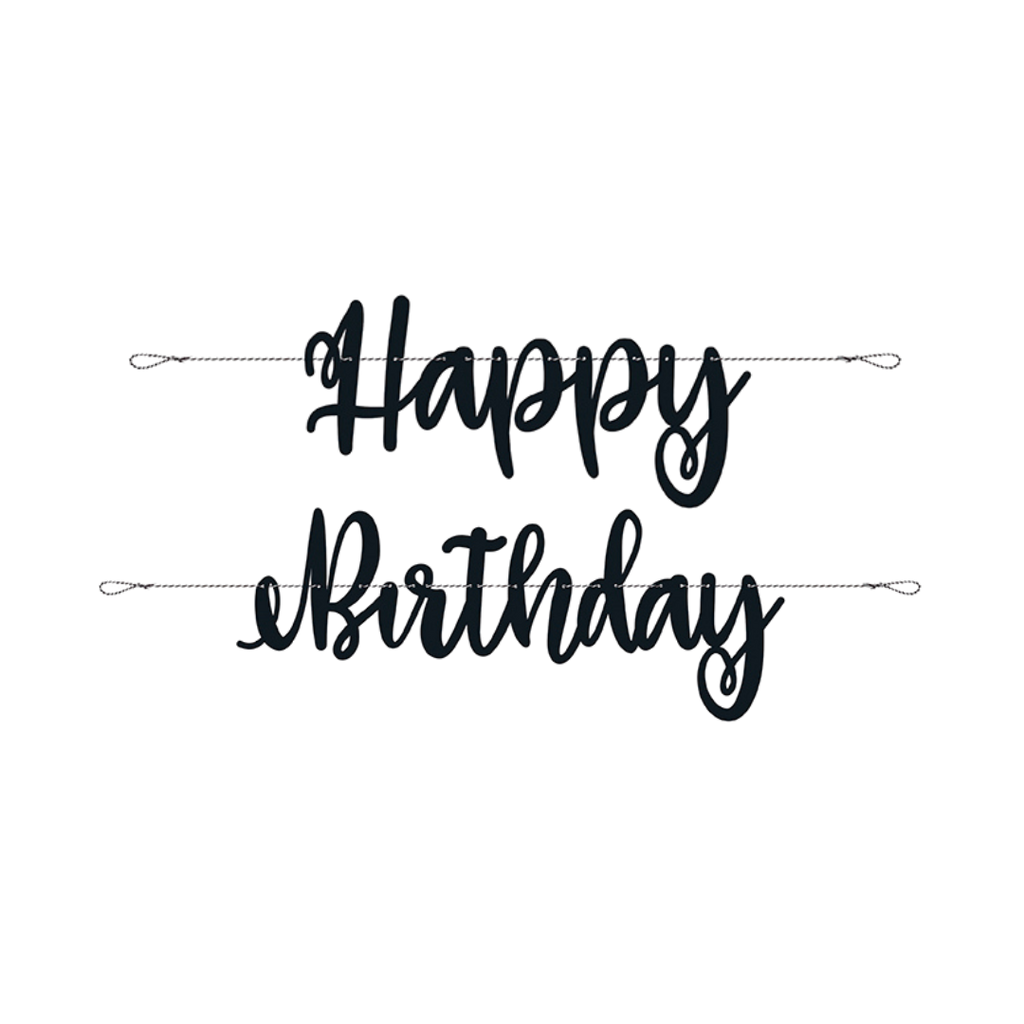 Black happy birthday banner with elegant script letters for birthday from Parte Haus party supply store in Bethesda MD