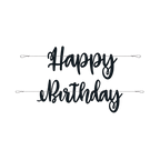 Black happy birthday banner with elegant script letters for birthday from Parte Haus party supply store in Bethesda MD