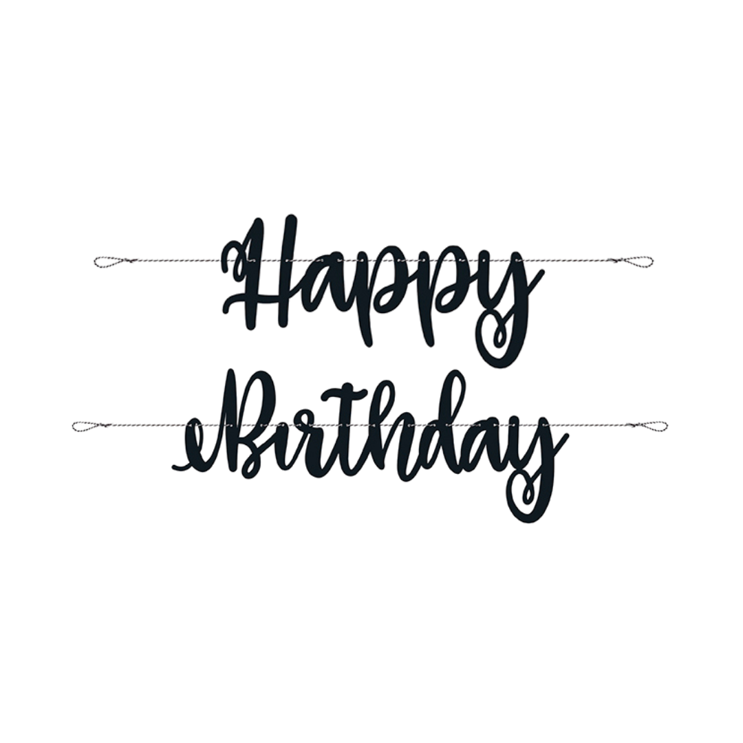 Black happy birthday banner with elegant script letters for birthday from Parte Haus party supply store in Bethesda MD