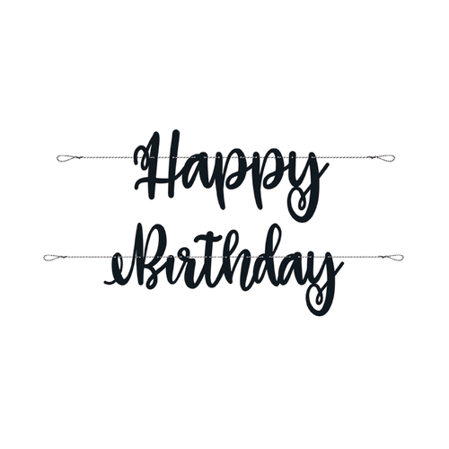 Black happy birthday banner with elegant script letters for birthday from Parte Haus party supply store in Bethesda MD