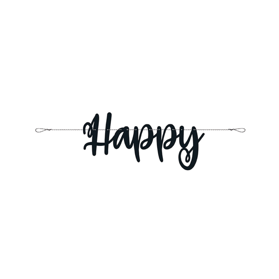 black happy script cake topper for birthday celebration from Parte Haus party supply store in Bethesda Maryland