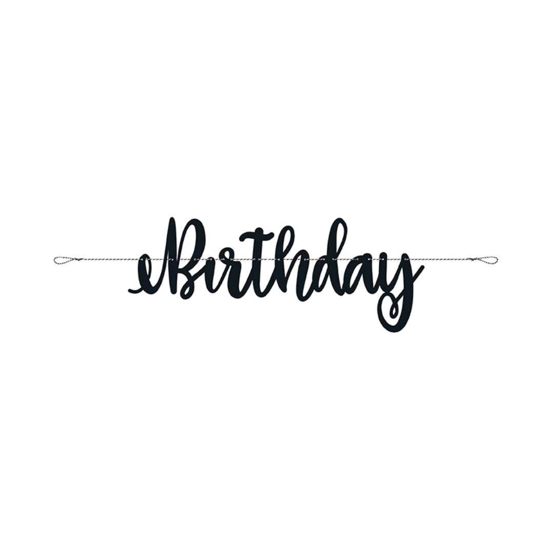 gold birthday banner with script text for birthday celebration from Parte Haus party supply store in Bethesda MD