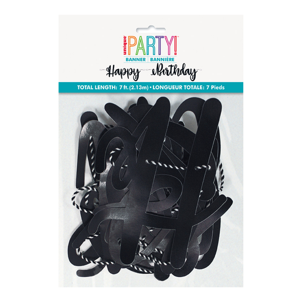 black happy birthday banner with script letters for birthday from Parte Haus party supply store in Bethesda Maryland