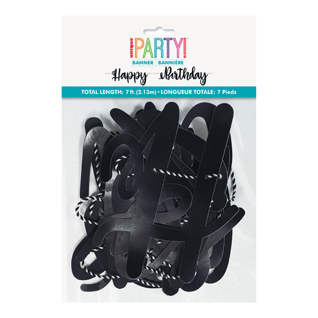 black happy birthday banner with script letters for birthday from Parte Haus party supply store in Bethesda Maryland