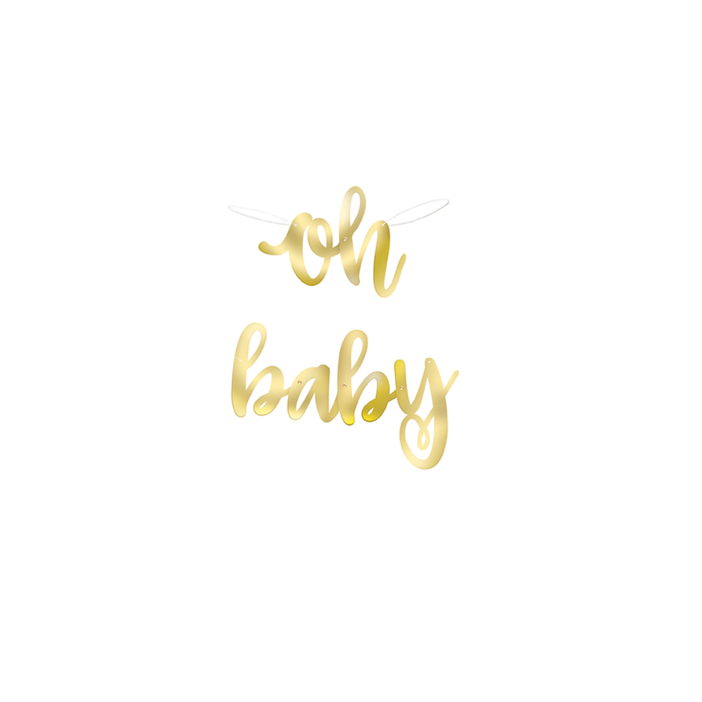 Gold oh baby banner baby shower decoration from Parte Haus party supply store in Bethesda MD