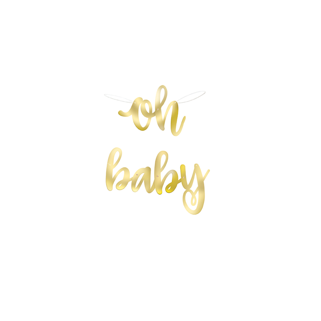 Gold oh baby banner baby shower decoration from Parte Haus party supply store in Bethesda MD